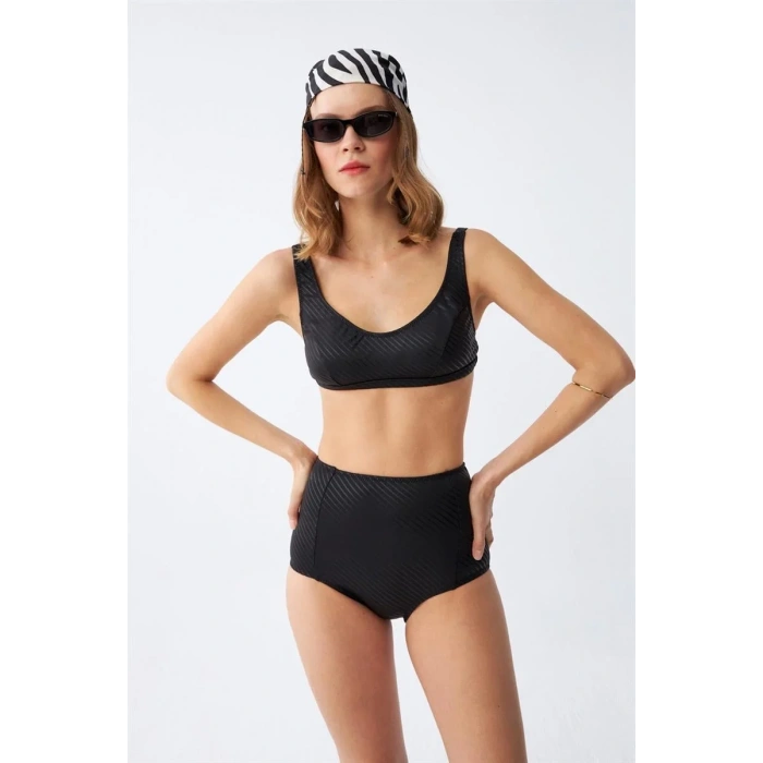 Moda Kadın Basic Siyah Pedli Yüksek Bel Bikini Takımı