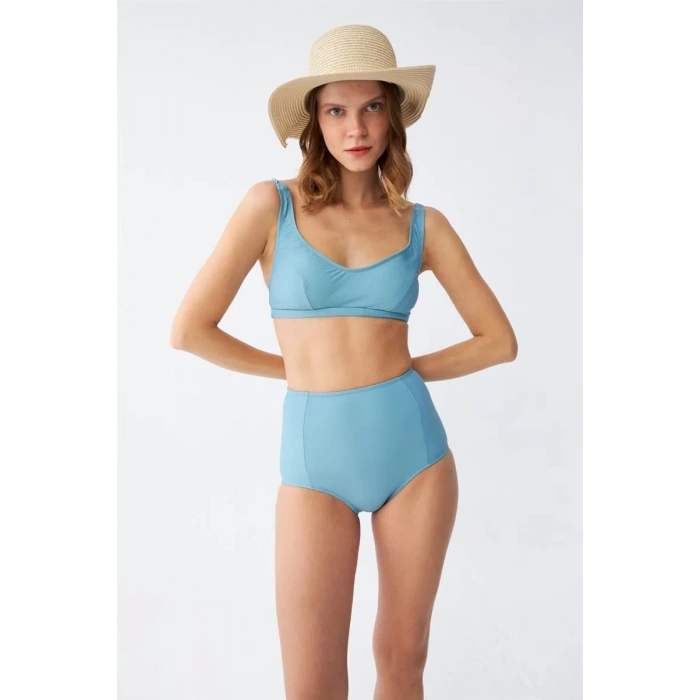 Moda Kadın Basic Turkuaz Pedli Yüksek Bel Bikini Takımı