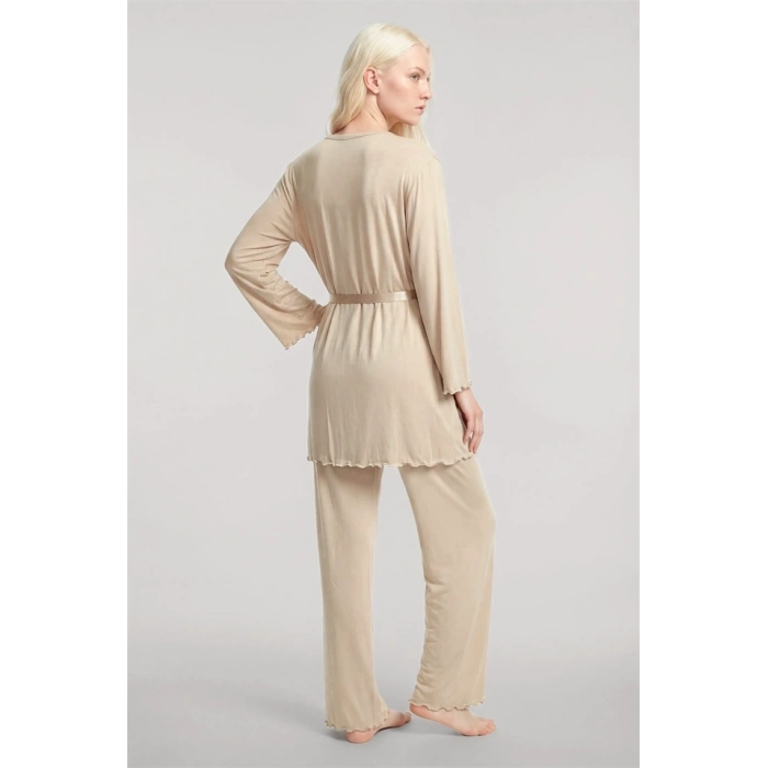 Moda Kadın Bej Yumuşak Dokulu Dökümlü Kısa Kimono Şık ve Rahat Ev Giyim