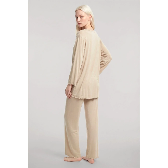 Moda Kadın Bej Yumuşak Dokulu Dökümlü Kısa Kimono Şık ve Rahat Ev Giyim