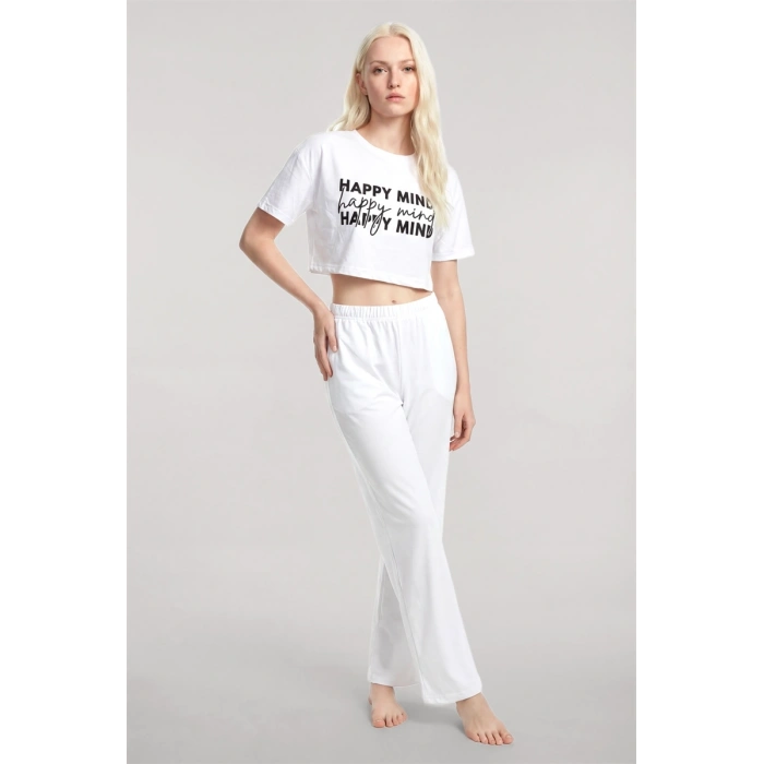 Moda Kadın Beyaz Baskılı Crop T-Shirt Pantolon Takım Rahat Günlük Kombin 2’li Set