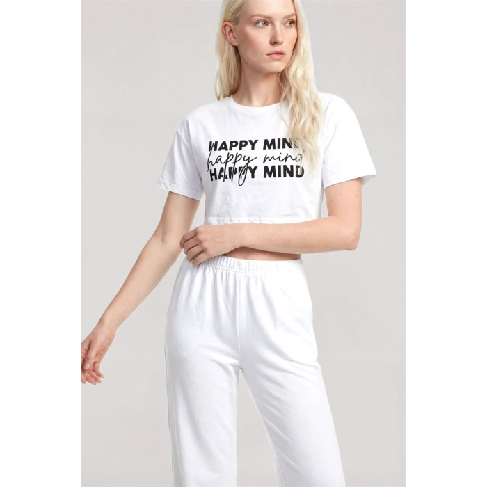 Moda Kadın Beyaz Baskılı Crop T-Shirt Pantolon Takım Rahat Günlük Kombin 2’li Set