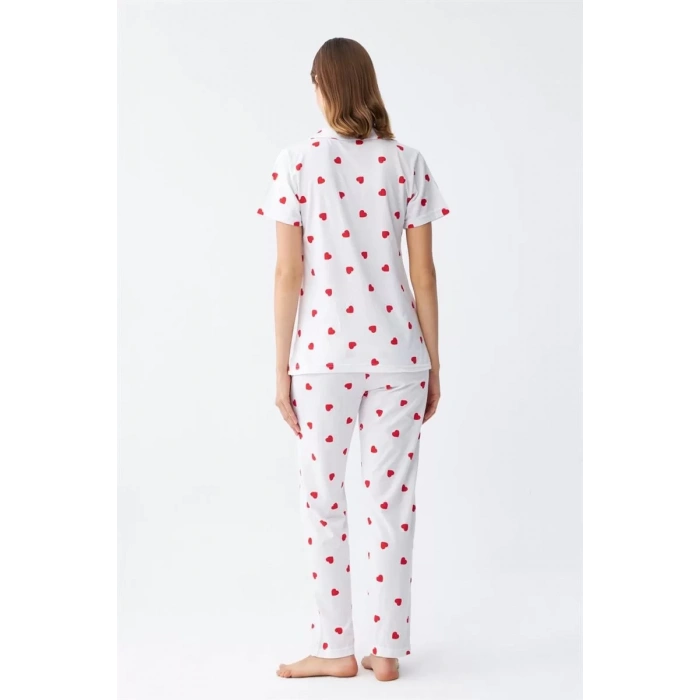 Moda Kadın Beyaz Kırmızı Kalpli Önden Düğmeli Pijama Takımı