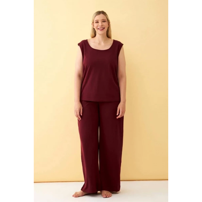 Moda Kadın Bordo Büyük Beden Penye Alt Üst Takım