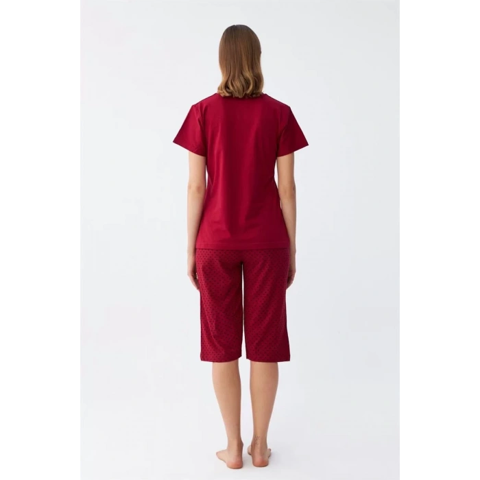 Moda Kadın Bordo Kalp Desenli Kapri Pijama Takımı
