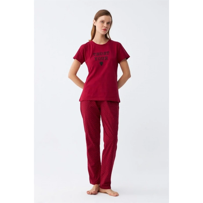 Moda Kadın Bordo Kalp Desenli Kısa Kollu Penye Pijama Takımı
