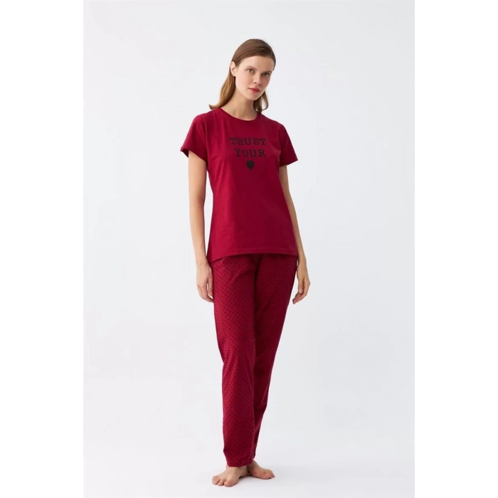 Moda Kadın Bordo Kalp Desenli Kısa Kollu Penye Pijama Takımı