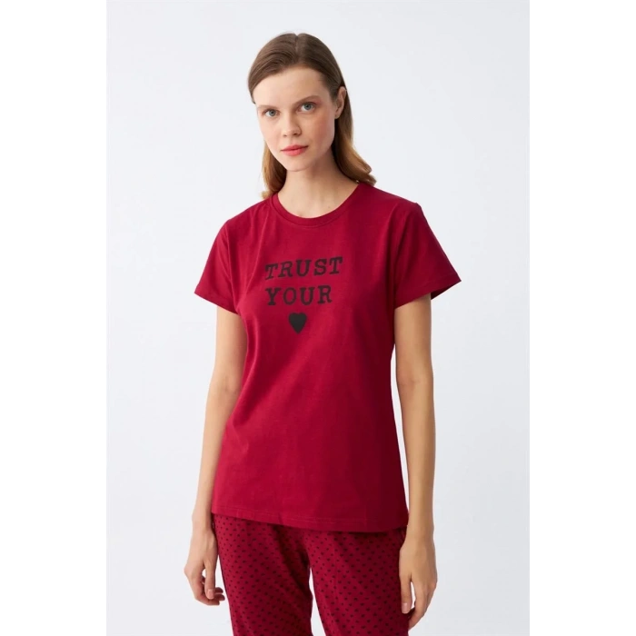 Moda Kadın Bordo Kalp Desenli Kısa Kollu Penye Pijama Takımı