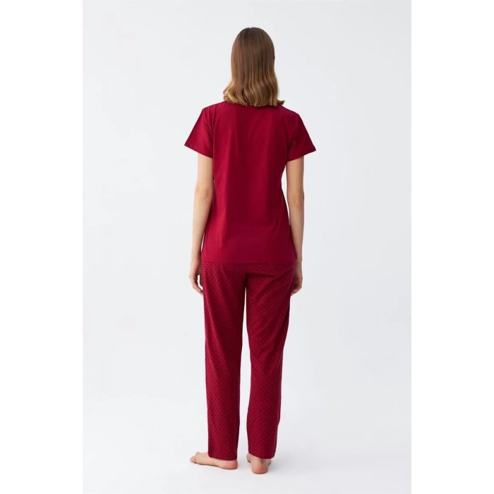 Moda Kadın Bordo Kalp Desenli Kısa Kollu Penye Pijama Takımı