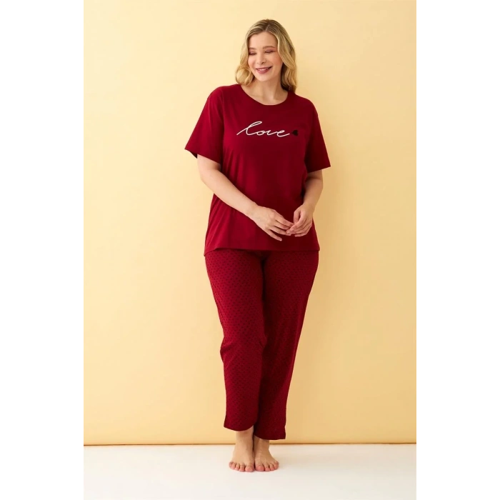 Moda Kadın Bordo Love Yazılı Büyük Beden Pijama Takımı
