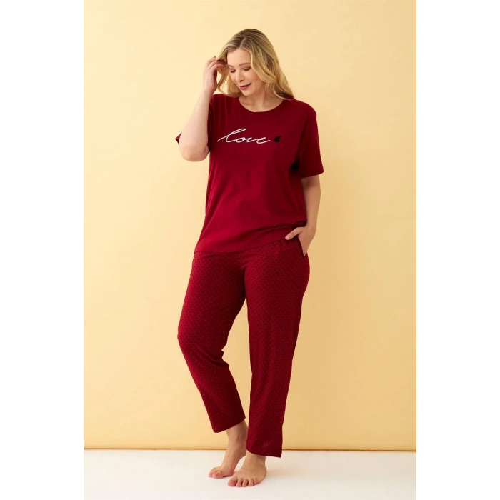 Moda Kadın Bordo Love Yazılı Büyük Beden Pijama Takımı
