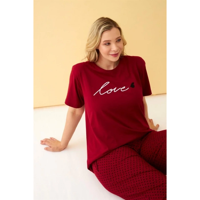 Moda Kadın Bordo Love Yazılı Büyük Beden Pijama Takımı