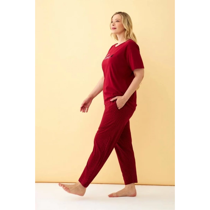 Moda Kadın Bordo Love Yazılı Büyük Beden Pijama Takımı