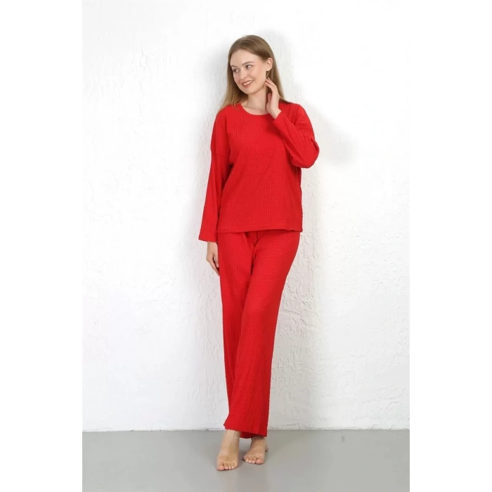 Moda Kadın Bürümcük Kumaş Pijama Takım Kırmızı