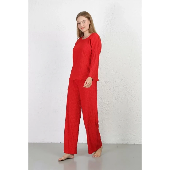 Moda Kadın Bürümcük Kumaş Pijama Takım Kırmızı
