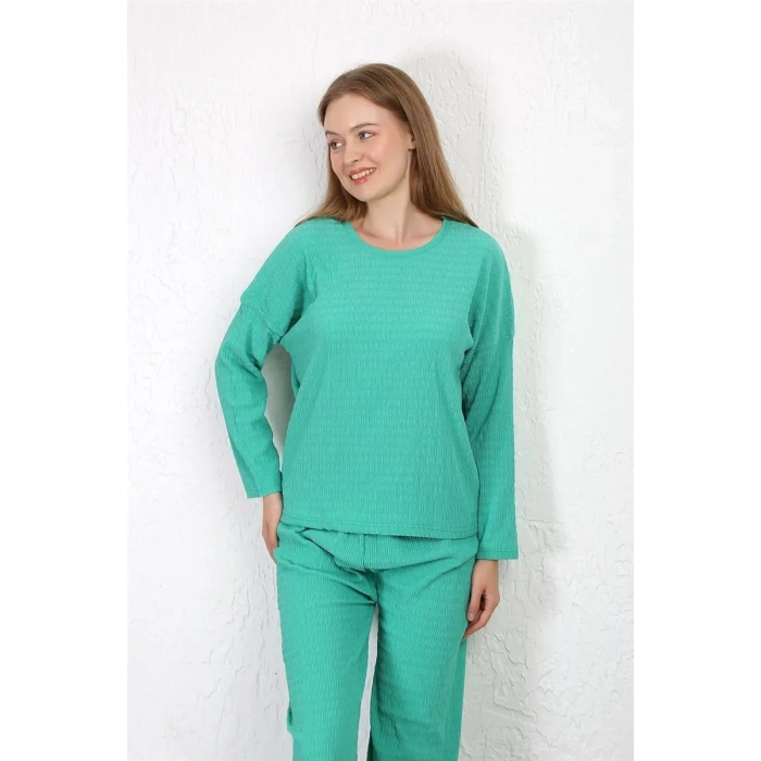 Moda Kadın Bürümcük Kumaş Pijama Takım Yeşil