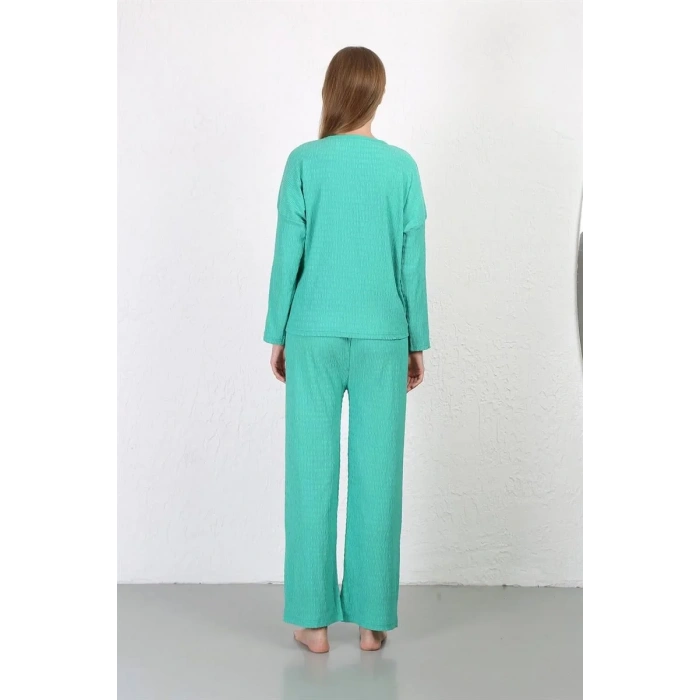 Moda Kadın Bürümcük Kumaş Pijama Takım Yeşil