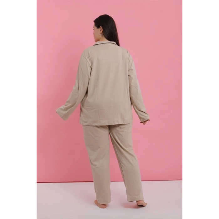 Moda Kadın Büyük Beden Bej Düğmeli Pijama Takımı
