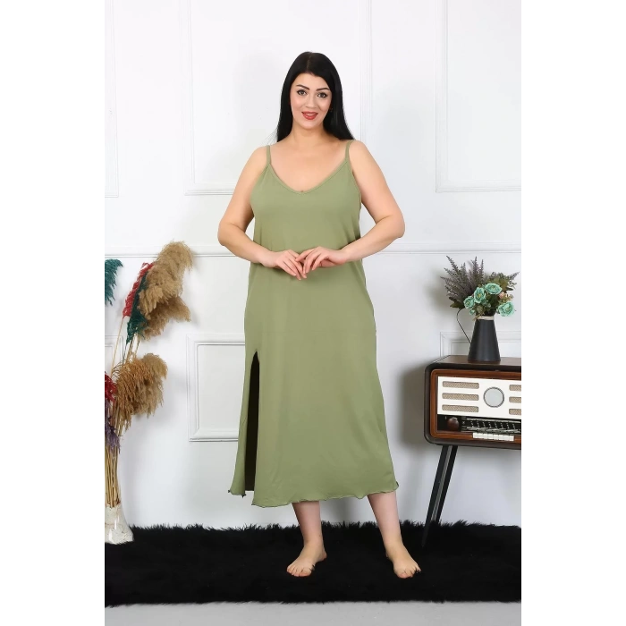 Moda Kadın Büyük Beden İp Askılı Pamuklu Haki Uzun Gecelik