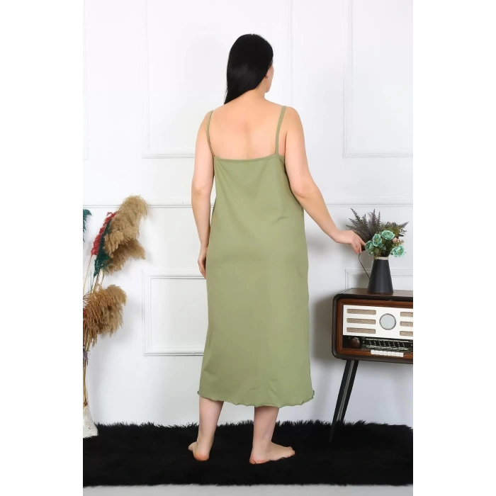 Moda Kadın Büyük Beden İp Askılı Pamuklu Haki Uzun Gecelik