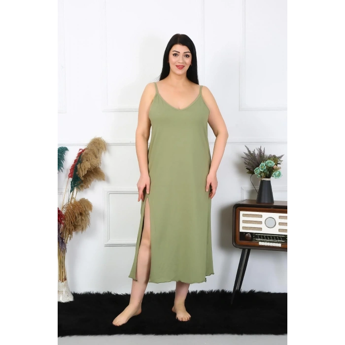 Moda Kadın Büyük Beden İp Askılı Pamuklu Haki Uzun Gecelik
