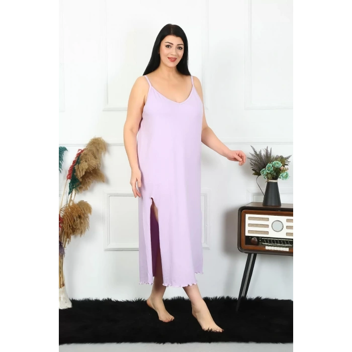 Moda Kadın Büyük Beden İp Askılı Pamuklu Lila Uzun Gecelik