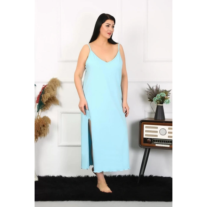 Moda Kadın Büyük Beden İp Askılı Pamuklu Mavi Uzun Gecelik