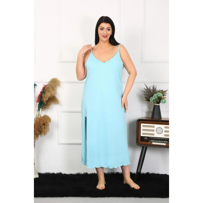 Moda Kadın Büyük Beden İp Askılı Pamuklu Mavi Uzun Gecelik