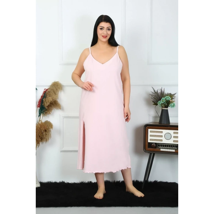 Moda Kadın Büyük Beden İp Askılı Pamuklu Pembe Uzun Gecelik