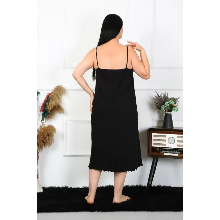 Moda Kadın Büyük Beden İp Askılı Pamuklu Siyah Uzun Gecelik