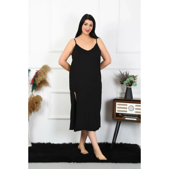 Moda Kadın Büyük Beden İp Askılı Pamuklu Siyah Uzun Gecelik