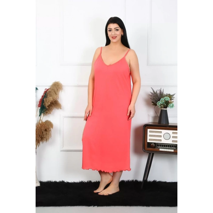 Moda Kadın Büyük Beden İp Askılı Pamuklu Somon Uzun Gecelik