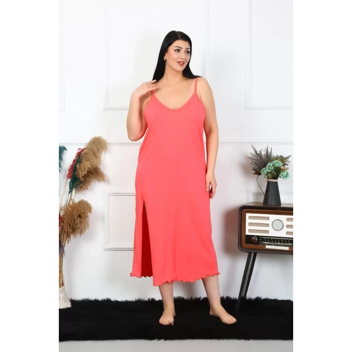 Moda Kadın Büyük Beden İp Askılı Pamuklu Somon Uzun Gecelik