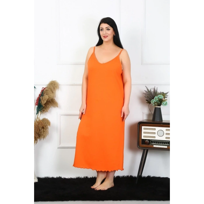 Moda Kadın Büyük Beden İp Askılı Pamuklu Turuncu Uzun Gecelik
