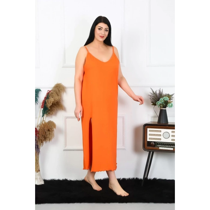 Moda Kadın Büyük Beden İp Askılı Pamuklu Turuncu Uzun Gecelik