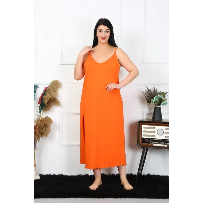 Moda Kadın Büyük Beden İp Askılı Pamuklu Turuncu Uzun Gecelik