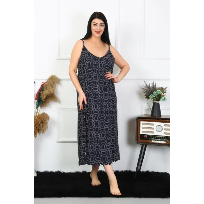 Moda Kadın Büyük Beden İp Askılı Pamuklu Uzun Gecelik