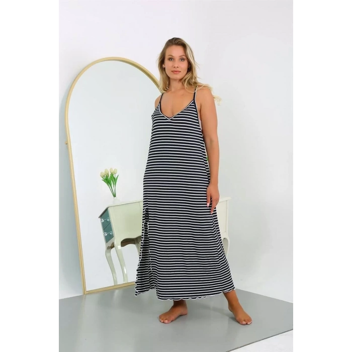 Moda Kadın Büyük Beden İp Askılı Pamuklu Uzun Gecelik