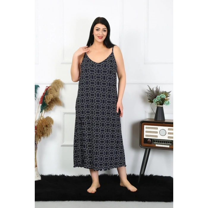 Moda Kadın Büyük Beden İp Askılı Pamuklu Uzun Gecelik