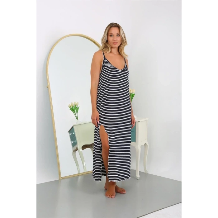 Moda Kadın Büyük Beden İp Askılı Pamuklu Uzun Gecelik