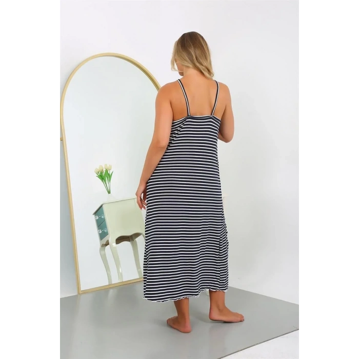 Moda Kadın Büyük Beden İp Askılı Pamuklu Uzun Gecelik