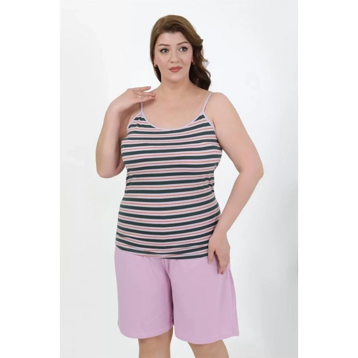 Moda Kadın Büyük Beden İp Askılı Penye Şortlu Takım Lila