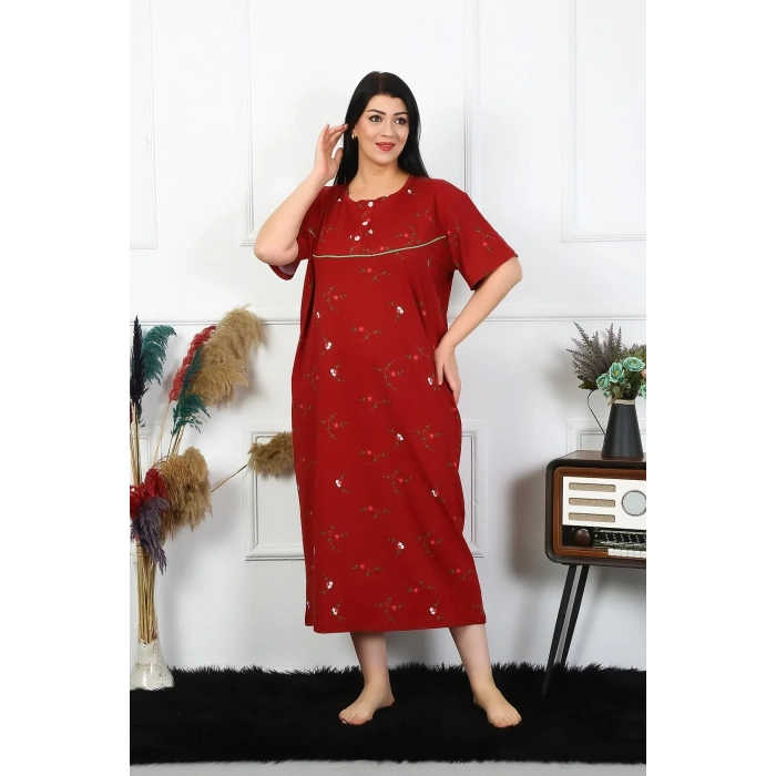 Moda Kadın Büyük Beden Kısa Kol Bordo Anne Gecelik