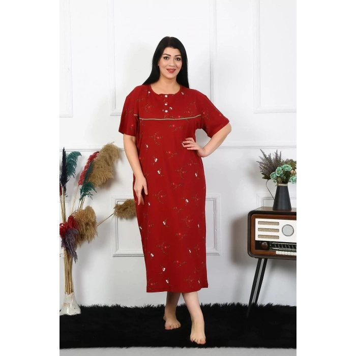 Moda Kadın Büyük Beden Kısa Kol Bordo Anne Gecelik