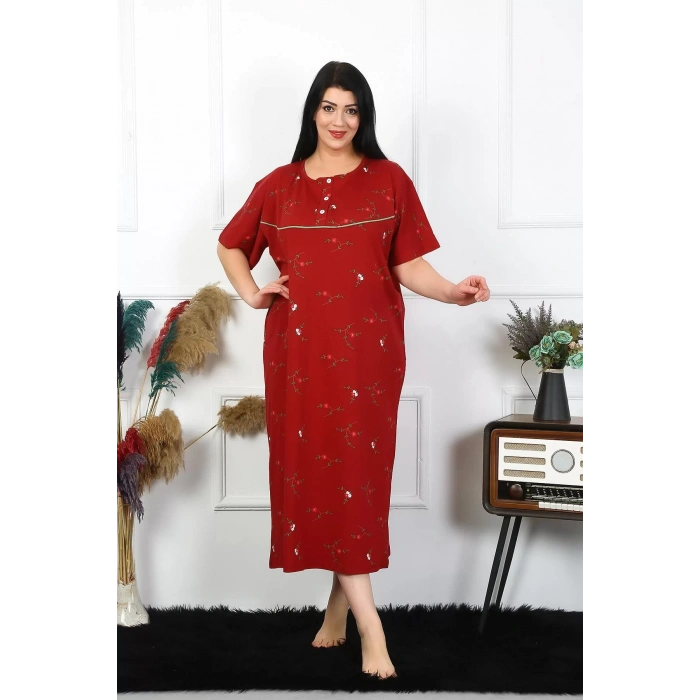 Moda Kadın Büyük Beden Kısa Kol Bordo Anne Gecelik