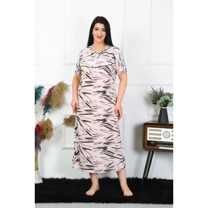 Moda Kadın Büyük Beden Kısa Kol Krem Anne Gecelik