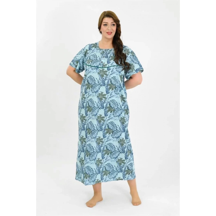Moda Kadın Büyük Beden Kısa Kol Mavi Anne Gecelik