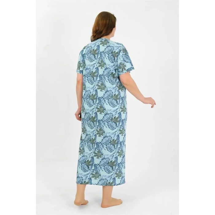 Moda Kadın Büyük Beden Kısa Kol Mavi Anne Gecelik