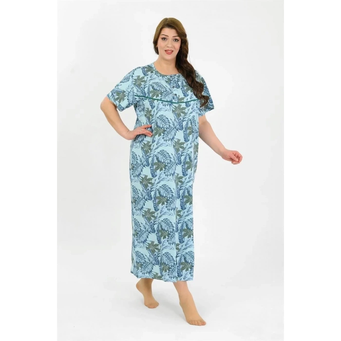 Moda Kadın Büyük Beden Kısa Kol Mavi Anne Gecelik