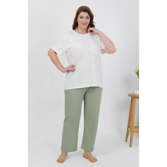 Moda Kadın Büyük Beden Kısa Kol Penye Pijama Takımı Beyaz